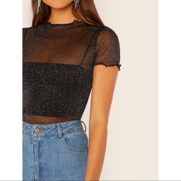 🚫SALE🚫 NWOT Lettuce trim mesh glitter top - Picture 4 of 6